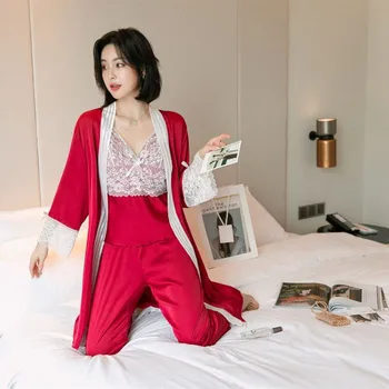 Sexy Satin Kimono Kjole Pyjamas, der Passer Kvinder 3STK Nattøj Lace Nattøj Pijamas Casual Intime Lingeri Bløde Homewear Natkjole