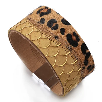 ALLYES Vintage Leopard Hestehår Læder Armbånd til Kvinder Retro Dragon Fisk Skala Bred Wrap Armbånd Kvindelige Smykker