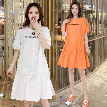 9397# Sommeren koreansk Mode Bomuld Barsel Kjole Løs Tøj til Gravide Kvinder Sød Graviditet Casual Tøj