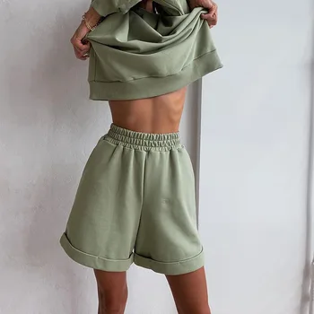 Minimalistisk Enkle Design Sweatsuits Shorts Suit Kvinder To Stykke Tøj 2020 Efteråret Lange Ærmer Casual Løs Sport Streetwear