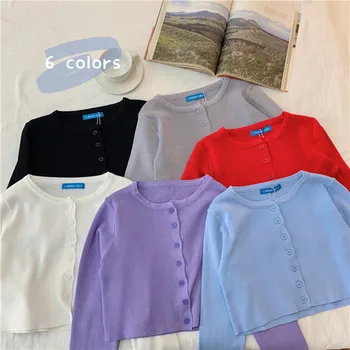 6 farver 2020 forår sommer solid farve thin kort design-strikkede sweater cardigan dame basic langærmet toppe dame (C1260)