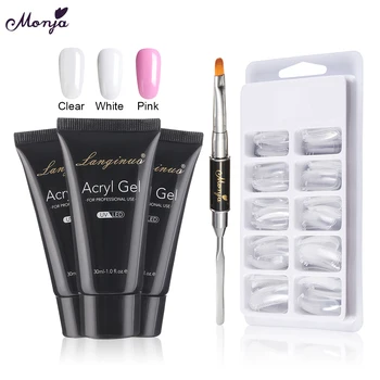 Monja Akryl Nail Art Kit 100 Stk Falske Negle Tips 3 Farver Poly UV Gel Negle Forlængelse Builder Maleri Pensel Manicure Sæt