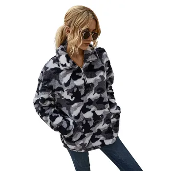 Plaid Zip Sweatshirt Kvinder Efterår Og Vinter Med Lange Ærmer Plus Velvet Varm Lomme Løse Toppe Kvindelige Vintage Leopard Pullover