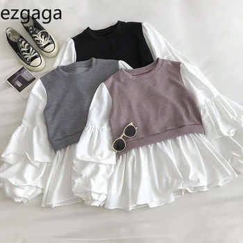 Ezgaga Patchwork-Shirts Kvinder 2020 Efteråret Nye Falske To O-Hals Puff Ærme Toppe Koreansk Mode Damer Bluse Casual Tøj