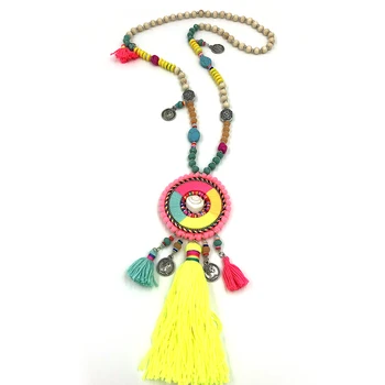 Nye Boheme Boho Etniske bomuld, Silke Halskæde Farverige Træ Perle Håndlavet Natur shell Lang Halskæde til Kvinder