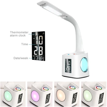 Bordlampe Med USB-Opladning Port Nat Lampe LED Vækkeur Termometer Kalender 3-Niveau Lysdæmper bordlampe Med Pen Indehaveren