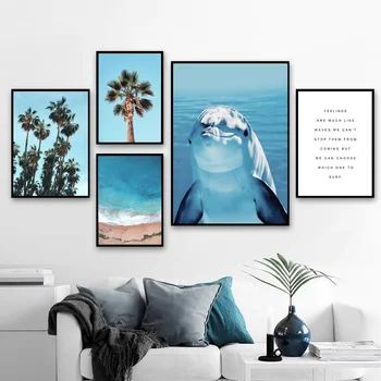 Dolphin Fish Sea Beach Træ Blå Natur Nordiske Plakater Og Prints Væg Kunst, Lærred Maleri På Væggen Billeder Til Stue Indretning
