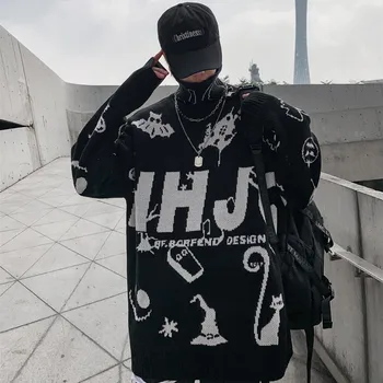 Harajuku Rullekrave Strikkede Trøjer Mænd Kvinder i Hip Hop Print Løs Pullover Sweater Streetwear Mandlige Vinter 2019 Sort WG712