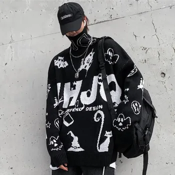 Harajuku Rullekrave Strikkede Trøjer Mænd Kvinder i Hip Hop Print Løs Pullover Sweater Streetwear Mandlige Vinter 2019 Sort WG712