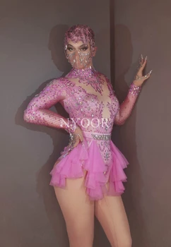 Funklende Rhinestone Body Kvinder Elastik Pink Mesh Flæser Crystal Trikot Natklub Danser Kostume Fase Bære Party Outfit
