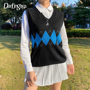 Darlingaga V Hals Argyle Plaid Vintage Sweater Vest Casual Preppy Stil Pullover Koreanske Efteråret Jumpere Strikket Sweater Kvinder Nye