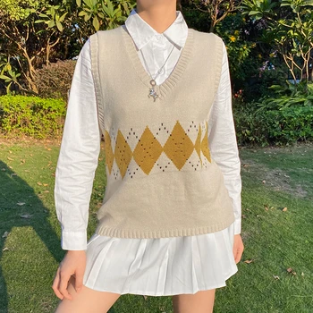 Darlingaga V Hals Argyle Plaid Vintage Sweater Vest Casual Preppy Stil Pullover Koreanske Efteråret Jumpere Strikket Sweater Kvinder Nye