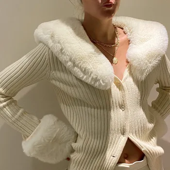 Vinteren Pels Krave Patchwork Kvinder V-hals Single - breasted Cardigans Tykkere Varme Trøjer Afslappet Langærmet Strik, Toppe i 2020