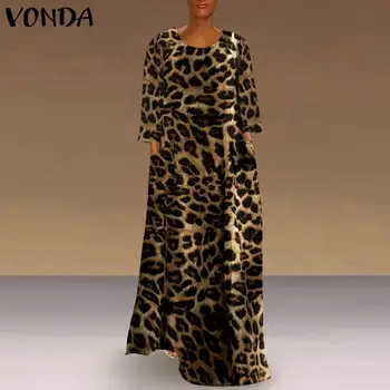 Foråret Long Maxi Dress Kvinder'Robe Lange Ærmer Leopard Print Sundress 2021 VONDA Boheme Ferie Kjole Afslappet Vestidos Plus Størrelse