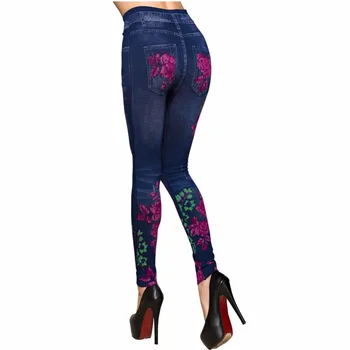 Mode Slanke Kvinder Forår Sommer Leggings Faux Denim Jeans Leggings Lang Blomstret Print Casual Blyant Bukser Tynd Fleece Inderside