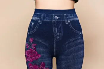 Mode Slanke Kvinder Forår Sommer Leggings Faux Denim Jeans Leggings Lang Blomstret Print Casual Blyant Bukser Tynd Fleece Inderside