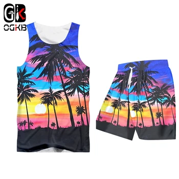 OGKB Mænd, de Passer Mode Afslappet Nye 2-pic Sæt Mand Shirt Og Shorts 3D Hawaii Print Beach Quick-Dry Top Hawaii Sommer Træningsdragt