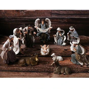 12Pcs Statue Krybbespil Sæt Baby Jesus Krybbe Xmas Krybbe Figurer Figurer Harpiks Jul Nativity Figur Skærmen