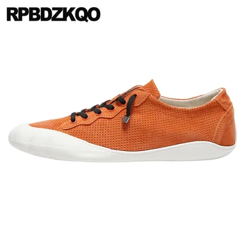 Britisk stil undervisere afslappet sommer sneakers åndbar skate orange høj kvalitet snøre grønne hule mænd læder sko 2018