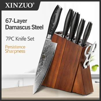 XINZUO 7 STK Knive Sæt Damaskus Stål Pakka Træ Håndtag Multifunktionelle Kok Santoku Kniv Blok Køkkengrej til Madlavning Værktøjer