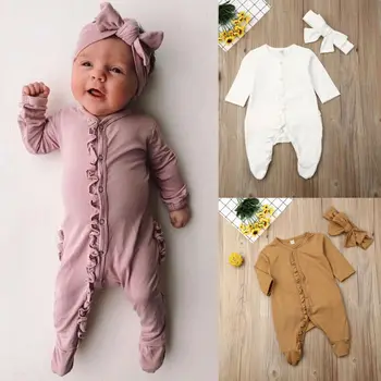 Nyfødte Dreng Pige Med Efteråret Tøj Med Lange Ærmer Romper Hovedbøjle Nattøj Pyjamas Babygrows