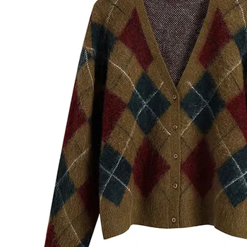 Kvinder ' s Knit Sweater 2021 Efterår og Vinter Nye Stil Dovne V-Hals Kontrast Diamant Løs Cardigan Sweater Kvindelige kontor dame