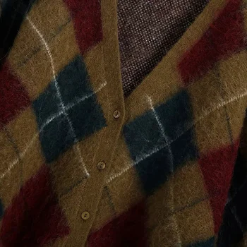 Kvinder ' s Knit Sweater 2021 Efterår og Vinter Nye Stil Dovne V-Hals Kontrast Diamant Løs Cardigan Sweater Kvindelige kontor dame