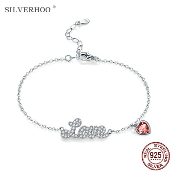 SILVERHOO 925 Sterling Sølv Armbånd til Kvinder Rød Hjerte-form Luksus Østrig Krystal Armbånd Pige Festival Gaver Fine Smykker