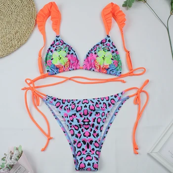 2021 Nye Sexet Flæse Badedragt Kvinder Push Up Bikini Sæt Print Bandage Badetøj To Stykke Badetøj Brasiliansk Strand Slid