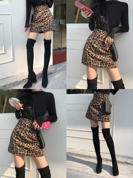 XUXI Leopard Udskrivning Halv længde Nederdel Kvinder Sexet Foråret Mini Høj Talje Var Tynd Retro Fashion Kort Blyant FZ3417