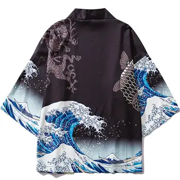 Japan Stil, Casual Streetwear Tynde Lag Japansk Bølge Koi Print Kimono Cardigan Yukata Lejligheder Robe Jakker Herre Mode Outwear