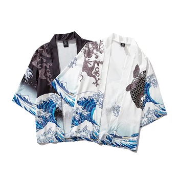 Japan Stil, Casual Streetwear Tynde Lag Japansk Bølge Koi Print Kimono Cardigan Yukata Lejligheder Robe Jakker Herre Mode Outwear