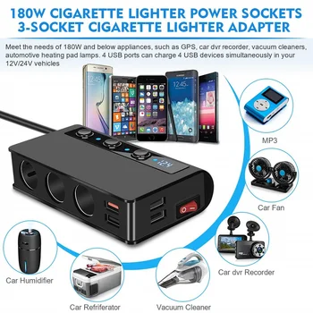 180W Cigarettænder Splitter 4 USB 3 Cigarettænder slot LED digitalt display Bil Oplader med Voltmeter for 12-24V køretøjer