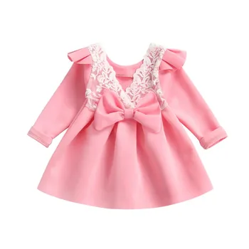 Foråret Børn Piger Casual Prinsesse Kostume Baby Fast Print Med Blonder Bue Design Børn Bomuld Fødselsdag Kjoler.