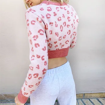 2020 Strikket sweater kvinder langærmet cardigan sexy v hals cardigan med pink leopard trøje med patchwork knap op-sweater efterår