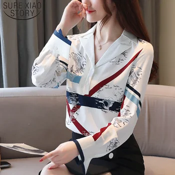 Print Lange Ærmer koreansk Mode Tøj til Kvinder Sexy-V-hals Chiffon Blouse Kvinder Toppe og Bluse Elegante Toppe 6319 50