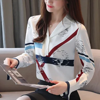 Print Lange Ærmer koreansk Mode Tøj til Kvinder Sexy-V-hals Chiffon Blouse Kvinder Toppe og Bluse Elegante Toppe 6319 50