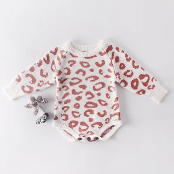 Ny 2020-Forår Efterår Baby Piger Rompers Baby Tøj Heldragt Med Lange Ærmer Leopard Print, Strik Rompers Infant Piger Rompers
