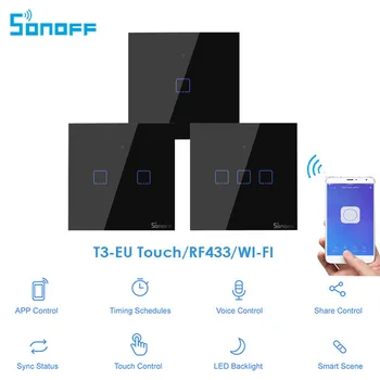 Itead Sonoff T3 EU 86 Størrelse 1/2/3 bande Væggen WIFI lyskontakt,Touch/RF433 mhz/WIFI Remote Control, Fungerer Med Alexa, Google Startside