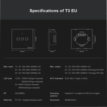Itead Sonoff T3 EU 86 Størrelse 1/2/3 bande Væggen WIFI lyskontakt,Touch/RF433 mhz/WIFI Remote Control, Fungerer Med Alexa, Google Startside
