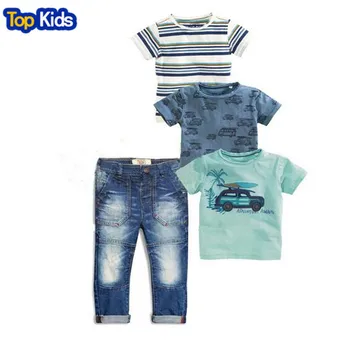 2020 Sommeren Børnene sæt baby tøj drenge 4 stk sæt stribet jakkesæt t-shirts + blå t-shirt bil + T-shirt + denim jeans CCS352