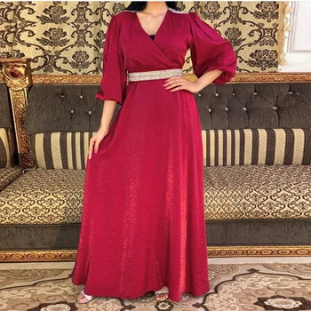 Tyrkiet Arabisk Muslimske Part Fashion Dress Kvinder Rød Beskedne Muslimske Dubai Marokkanske Aften Abaya Frankrig Velvet Diamond Bælte