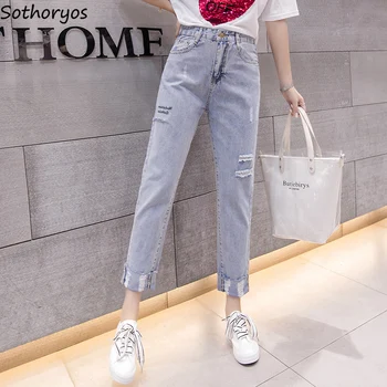 Kvinder Jeans Harem Ridset Rippet Rulle Op Hem Bukser Harajuku Streetwear Fritids-Trendy Chic Koreanske Daglige Dame Breve Ins