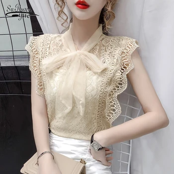 2021 Dame Toppe og Bluser Blonder Patchwork Blusas koreansk Modetøj Solid Hule Skjorte, Vintage Ærmeløs Skjorte 9811