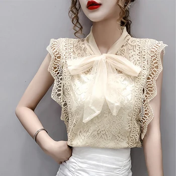2021 Dame Toppe og Bluser Blonder Patchwork Blusas koreansk Modetøj Solid Hule Skjorte, Vintage Ærmeløs Skjorte 9811