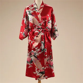 Peacock-Print-Emulering Silke Pyjamas Japanske Kvinder Kimono Kjole Morgenkåbe Natkjole Half Sleeve Sommeren Mid-kalv Plus Size 14Color