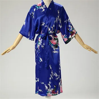 Peacock-Print-Emulering Silke Pyjamas Japanske Kvinder Kimono Kjole Morgenkåbe Natkjole Half Sleeve Sommeren Mid-kalv Plus Size 14Color