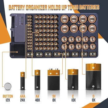 Batteri opbevaringsboks Organizer Holder med Tester Checker for AAA, AA, C, D, 9V Batteri Caddie Rack Case