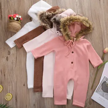 2020 Helt Ny Nyfødte Baby Pige Dreng Vinter Tøj Babyer Hætteklædte Pels Varm Romper Buksedragt Strikket Tøj Til 0-24M Baby