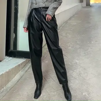 2020 foråret efteråret casual pu læder bukser kvinder med høj talje lige fashion løs varme
